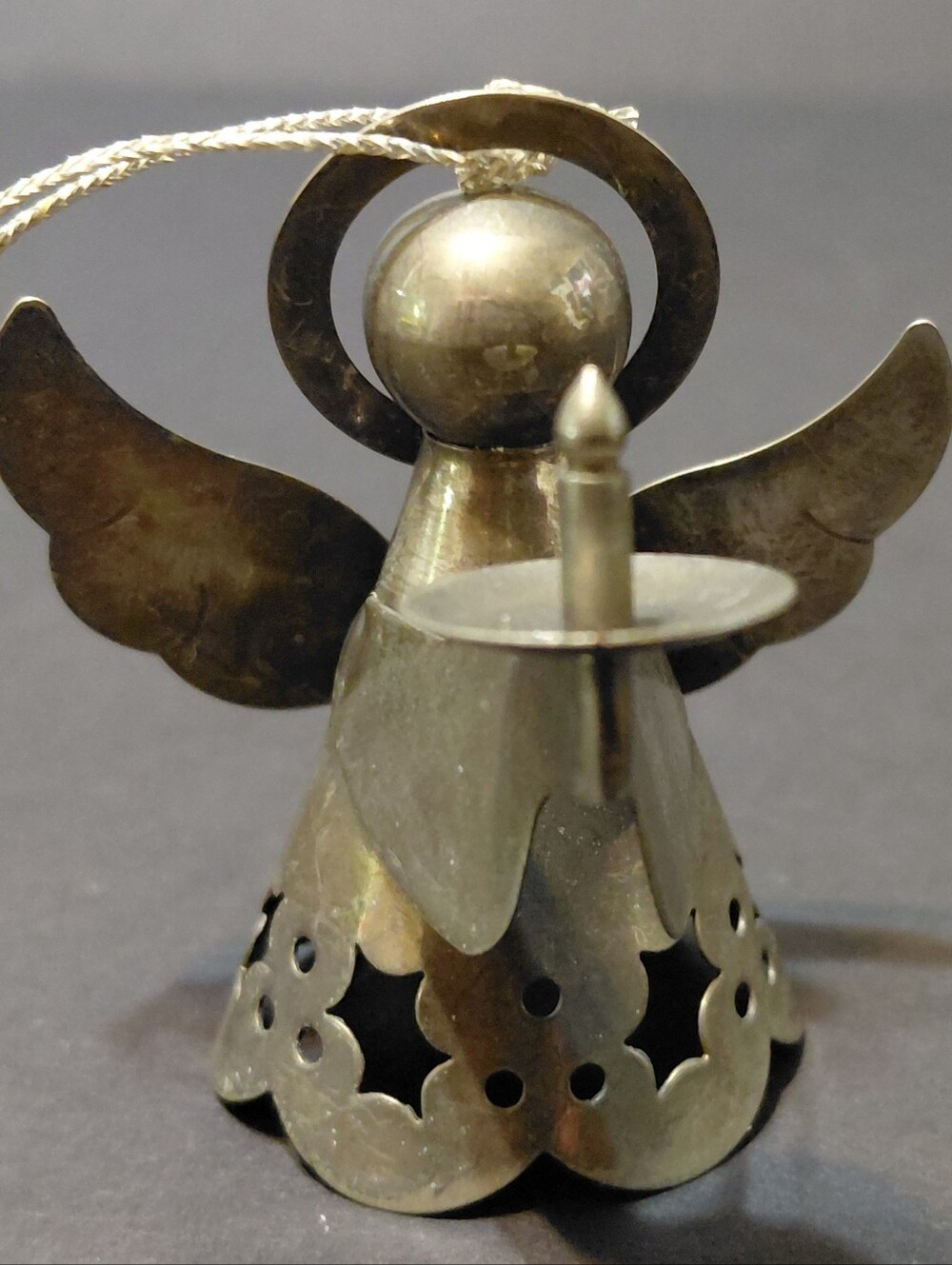 Vintage Silver-Plated Metal Angel Holding a Candle Ornament